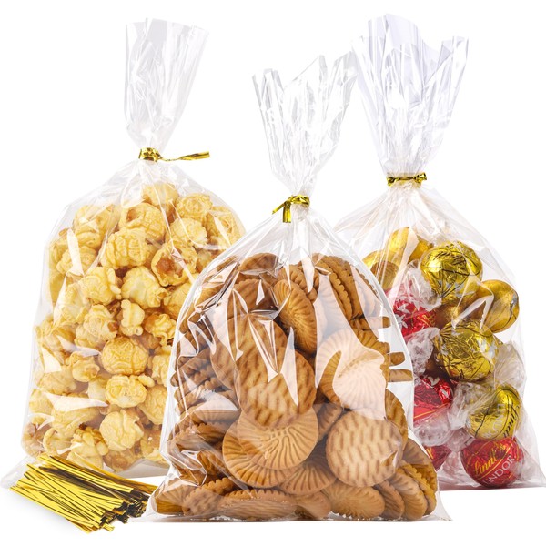 LOKIQNG Cellophane Bags Plastic Treat Bags Clear Cookie Bags Candy Bags with Twist Ties for Party Favor Bags(100PACK,6x10inch)