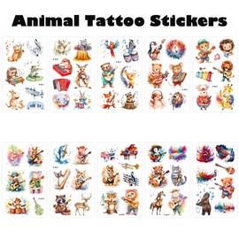 Qpout 10 Sheets Animal Music Temporary Tattoos for Kids Birthday Party Supplies, Animal Music Themed Stickers Cartoon Decorations Gifts for Boys Girls