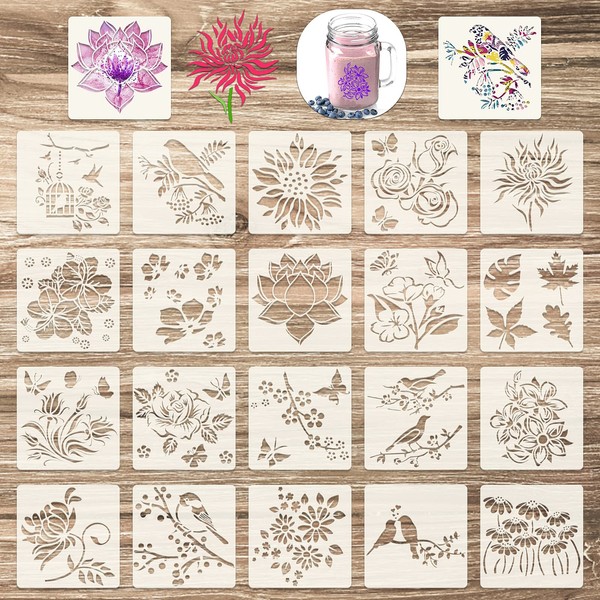 20 Pieces Flower Stencils Bird Floral Stencils for Painting on