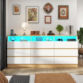 Loomie 9 Drawers Dresser, 63'' White Chests of Drawers with Power Outlet, Accent Large Double Dresser with LED Light, Modern Storage Dresser for Bedroom, Living Room (White&Light Walnut)