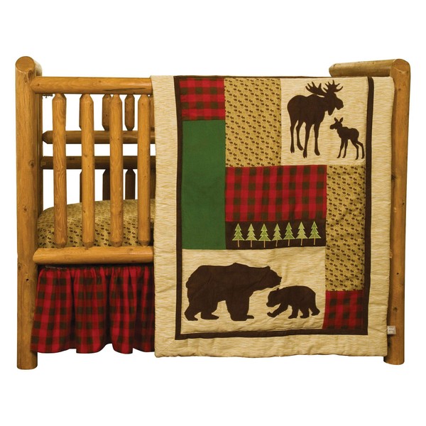 Northwoods Forest Animal Theme Buffalo Plaid 3 Piece Baby Crib Bedding Set