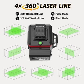 16 Lines Laser Level 4x360° Self Leveling Green Laser Level，4D Green Cross Line for Construction and Picture Hanging，Laser measurement calibration tool，with 2 Rechargeable Battery and tripod