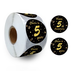REWIDPARTY Black Gold 5th Anniversary Party Stickers Rolls Cheers to 5 Years Stickers Anniversary Party Decorations Happy 5th Birthday Adhesive Stickers Wedding Party Supplies(500 Per Roll)