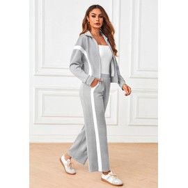 MEROKEETY Women's 2 Piece Outfits Color Block Sweatsuit Zip Up Sweatshirt Wide Leg Sweatpant Tracksuit Lounge Travel Set HeatherGrey L
