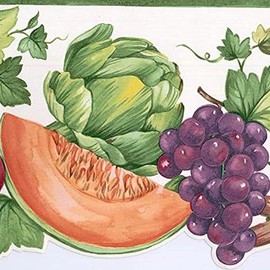 CONCORD WALLCOVERINGS ™ Wallpaper Border Garden Pattern Vegetables Fruits for Kitchen Dining Area Farmhouse Cottage, Colors White Green Orange Purple Red Yellow, Size 7 Inches by 15 Feet MK77683DC