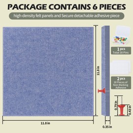 Large Felt Cork Board for Wall 36"x24" 6 Pack 11.8"x11.8" Light Blue Bulletin Board Tiles with 60 Safe Removable Adhesive Tabs and 60 Push Pins, Corkboard Alternative for Wall Office Home