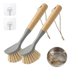 2er-Set Holz Geschirrbürsten,Scheuerbürste Holzbürste - Küchen Reinigungsbürste mit Schaber Bambus Bürste Spülbürsten Handbürste Holz Bürste Küche Topf & Pfannen Reinigung Set mit Haken für Küche