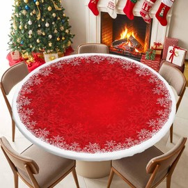 Chucoco Winter Snowflake Round Fitted Table Cover for Dining Tables,Elastic Edged Tablecloth Christmas Geometric Waterproof Oil Proof Tables Cover Cloths for Kitchen Dinner Party Event