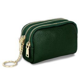 Zip Coin Wallet Genuine Leather Ladies Purse Portable Mini Wallet Three Zippers Small Wallet for Coin Cash with Many Compartments,Green