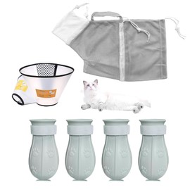 7-Piece Cat Bathing Set - Anti-Scratch Silicone Shoes, Claw Covers, Shower Net, Bathing Bag & Elizabethan Collar (Grey-3)