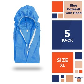 EZGOODZ Blue Disposable Coveralls with Hood, XL. 5 Pack Hazmat Suits Disposable. 60 GSM Micropourus Painters Suit Disposable. Disposable Painters Coveralls with Front Zipper, Elastic Wrist, Ankle