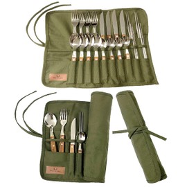 kuuupiii Cutlery Set, For 4 People, 21 Piece Set, Camping, Outdoors, Storage, Wooden, Stainless Steel, BBQ, Kids, Adults, Family, Group, Solo Camping, BBQ, Compact, Leisure, Lightweight, Foldable,