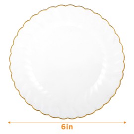 MAQUITA 50 Pcs Plastic Plates with Trim 6'' Small Round Disposable Vintage Dessert Plates for Party Birthday Buffet Wedding Catering Celebration Reception