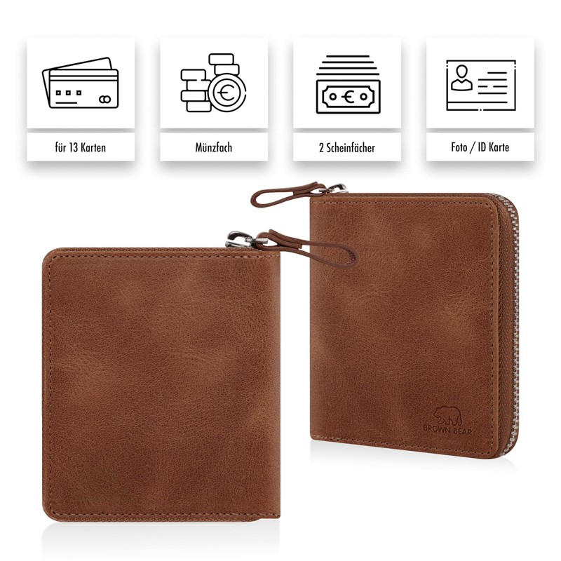 Brown Bear Wallet Zip Leather RFID Protection & Coin Compartment