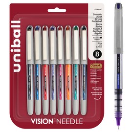 uniball Vision Needle Roller Ball Pen, Stick, Fine 0.7 Mm, Assorted Ink Colors, Silver Barrel, 8/pack