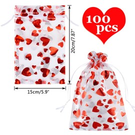 MAOOY 100 x Organza Bags for Filling, Gift Bags, 15 x 20 cm, Jewellery Bags, Small Bags, Gift Bags, Small for Christmas, Wedding, Birthday Party (White Background with Red Heart)