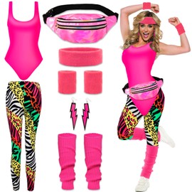 80s 90s Outfit Women's Retro Tracksuit Workout Costume 80s Clothing Accessories Women with 80s 90s Clothes Leggings Bum Bag Headband Leg Warmer for Carnival Fancy Dress Theme Party Costume, pink
