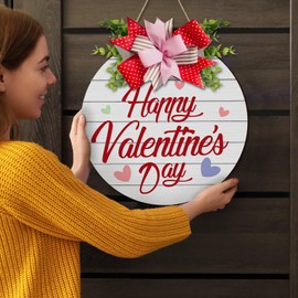 Happy Valentine's Day Door Sign, Wooden Hanging Sign for Front Door Rustic Farmhouse Valentines Day Wood Wreath Door Hanger for Wall Indoor Outdoor Porch Decoration