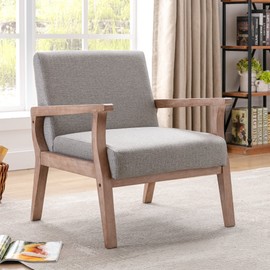 BESTANO Mid Century Modern Accent Chair, Linen Upholstered Living Room Accent Armchair with Wood Frame, Farmhouse Chair for Living Room Bedroom, Gray