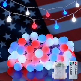 YOUNGAR Patriotic Globe String Lights, 4th of July Decor,50 LED 19.4FT Red White Blue Lights Indoor,Battery Powered 8 Modes Clear Wire Fairy Waterproof for Independence Day American Flag Holiday
