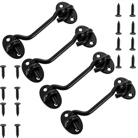 VENGABY Pack of 4 Storm Hooks, Cabin Hooks with Eyelet, Stainless Steel Door Hooks, Window Hooks, Storm Hooks for Swing Door, Wood, Shutters, Wood, Barn Door, Garden Gate, Latch with Mounting (Black,