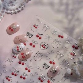 Cherry Nail Art Stickers - 5D Embossed Cherries Nails Charms Fruit Designs, Aurora Holographic Bow Heart Decals,Self-Adhesive Nail Accessories Supplies for Coquette Women