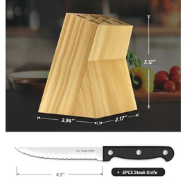 Steak Knives, 7 Pieces Steak Knife Set with Block, High Carbon Stainless Steel, Serrated Silverware Set, Black