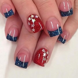4th of July Press on Nails Short Square Fake Nails with Star Designs Blue French Tip Nails Press ons Glitter Acrylic Nails Independence Day False Nails Red Stick on Nails for Women 24Pcs