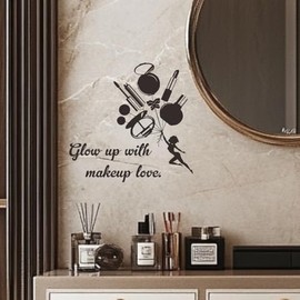 Makeup Wall Decal - Glow Up with Beauty Products, Lipstick, Mirror, Nail Polish, and Inspirational Makeup Quote for Women's Beauty Room Decor.