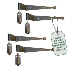 Renovators Supply Manufacturing Black Offset Strap Lift Off Pintle Hinge 11" x 2 5/8" Wrought Iron Pin Hinges for Shutters, Exterior Window Doors or Gates Offsets with Hardware Pack of 4
