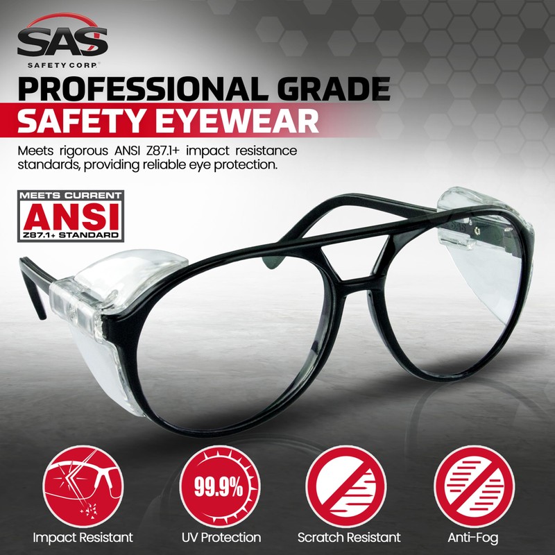 SAS Safety 5125 Classic Safety Glasses with Polybag, Black Frame/Clear