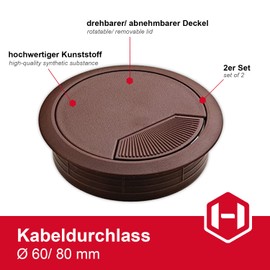 Gedotec Cable Grommet Desk Plastic H1001 Round, Cable Feed-Through Brown, Cable Feed-Through for Push In, Cable Box Drill Diameter 60 mm, Cable Outlet for Office Furniture, Table, Motorhome and Much More, Pack of 2