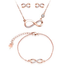 CPSLOVE Necklace Bracelet and Earrings for womens and girls, 925 sterling silver necklace bracelet and earrings, women's jewelry set, Infinity symbol necklace bracelet and studs, Inlaid shiny zircon