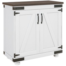HOMCOM Modern Farmhouse Sideboard, Buffet Cabinet with Barn Style Door and Adjustable Shelf, Kitchen Storage Cabinet with Wood Legs, Distressed White and Brown