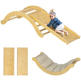 ZJMTOCYU Encourage Active Play with Indoor 4-in-1 Climbing Set, Versatile Pikler Triangle with Arch Climber, Ramp & Cushion, Natural Wood