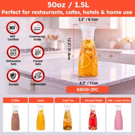 2 Pack Commercial Water Carafes with Flip Top Lid, 50 oz, Clear