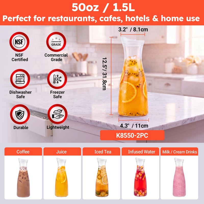 2 Pack Commercial Water Carafes with Flip Top Lid, 50