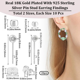 Beebeecraft 1 Box 20Pcs 3mm 4mm Pin Stud Earring Findings 925 Sterling Silver Plated Round Ball Bead Earrings Post with Silicone Insert Pins 20Pcs Ear Nuts for Jewellery Making