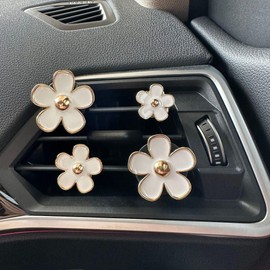 Daisy Air Vent Clips, 4 Pcs Cute Flower Car Air Conditioning Outlet Clip Car Air Freshener Clip Charm Car Interior Decor Charm Colorful Car Interior Accessories (White)