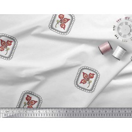 Soimoi White Velvet Fabric Square & Floral Artistic Printed Fabric 1 Yard 58 Inch Wide