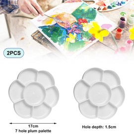 Plastic Round Palette, Mixing Palette, Watercolour Palette, Plastic Painting Palette, 7 Colour Cavities for Mixing, White Palette, Universal Palette for DIY Art Painting, 17 x 17 cm, 2 Pieces