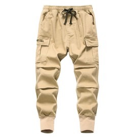 TLAENSON Boys Joggers Cargo Pants for Kids Drawstring Elastic Waist Cotton Twill Jogging School Pants Khaki Size 130 6-7 Years