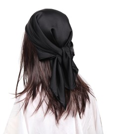 MEANBEAUTY 27.5" Square Silk Like Head Scarf for Women Satin Bandana Head Scarves Neck Scarfs for Hair Wrapping at Night(Black)