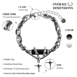 Gomgsgale Cross Bracelet For Men - Silver Bracelet with Black Onyx(17-22cm）