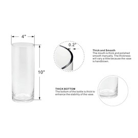 4" Wide 10" High Large Hand Blown Sturdy Clear Cylinder Glass Vase, Centerpiece Flower Vase for Rose, Tulip, Boquets, Hurricane Candle Holder (2, 4"x10")