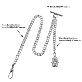 ZTA Men's Albert Chain Pocket Watch Chain Vest Chain for Men FOB T Bar with Hamsa Hand of Fatima Pendant FOB Charm, silver