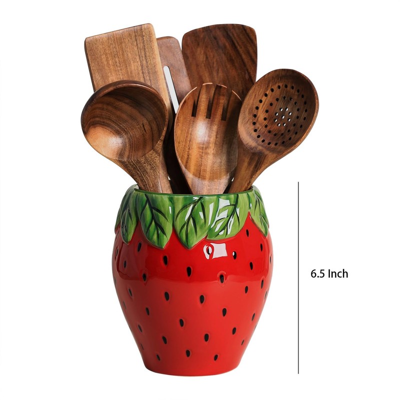 Bicuzat Strawberry Shaped Ceramic Kitchen Utensil Holder, Large Cooking Utensil