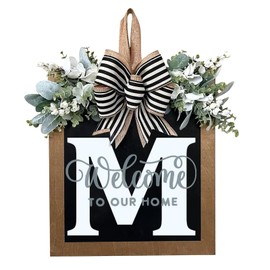 Last Name All Year Round Front Door Garland, Front Porch Decoration 26 Letter Welcome Garland and Eucalyptus and Bow Suitable for Spring Summer Winter Used for Front Door Hanging Garland (M)