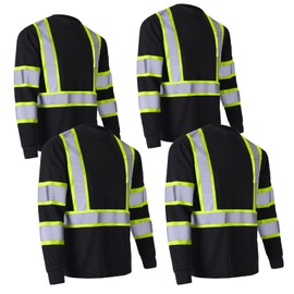 CAMNWAMN Apparel High Visibility Shirts, Long Sleeve Hi Vis Reflective Safety Shirts with Pocket for Men (X-Large, Black 4 Pack)