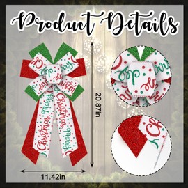Hying Large Christmas Bows for Wreath, Christmas Wreath Bow Glitter Green Red White Burlap Bows Xmas Tree Topper Bows Ornaments for Front Door New Year Christmas Party Decoration Supplies